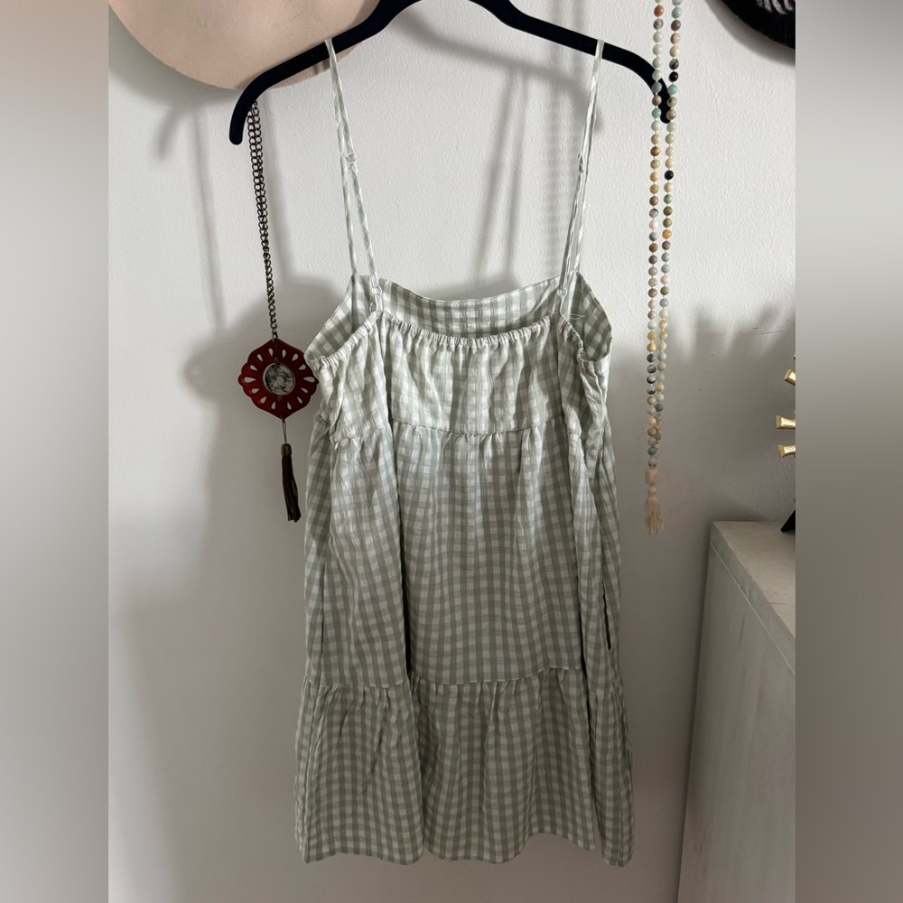 Gingham Tiered Spaghetti Strap Dress - Light Sage - Picture 7 of 8